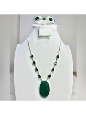 Emerald & Green Quartz 925 Large Stone Necklace & Bracelet Set
